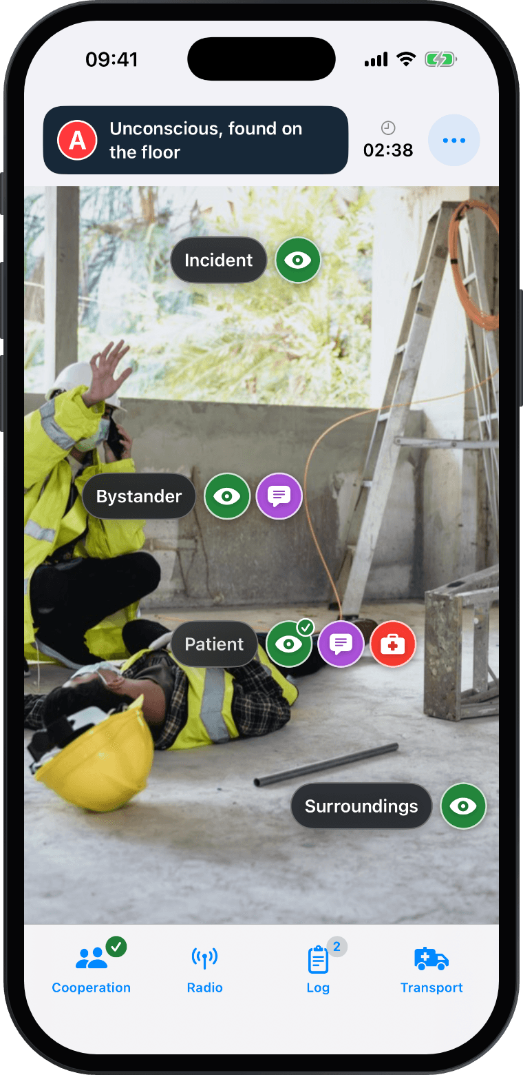 The Ambulance Game on iPhone — the scene of a call, with Incident, Bystander, Patient and Surroundings to investigate
