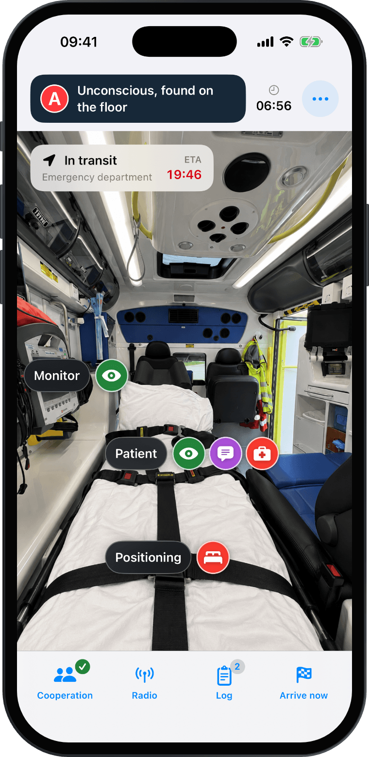 Inside the ambulance during transport, with the clock counting down to arrival in red